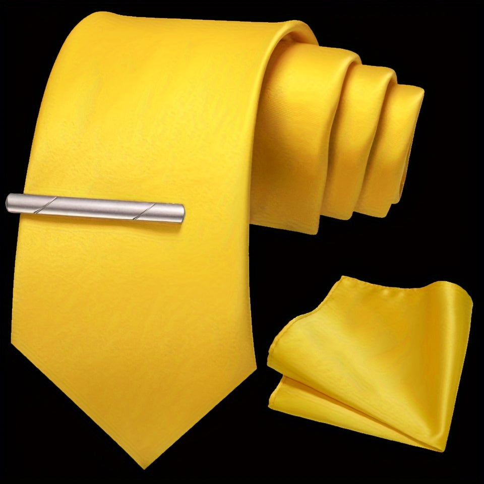 Erkaklar uchun bir rangli ipak aksessuarlar to'plami, galstuk, cho'ntak sharf, sochiq, galstuk klipi, rasmiy kiyimlar va sovg'alar uchun