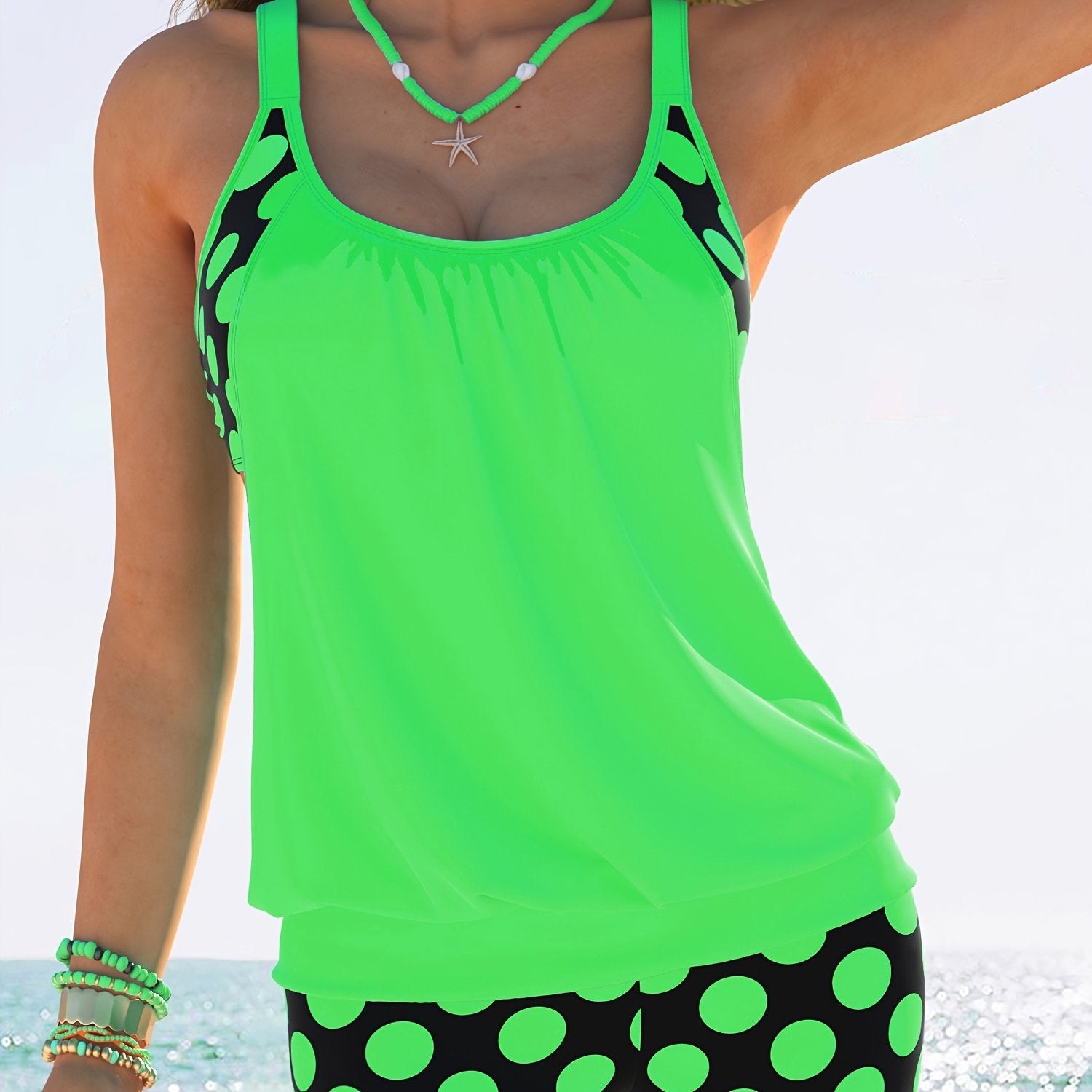 Polka Dot Tankini Set for Women High Stretch Polyester Swimsuit