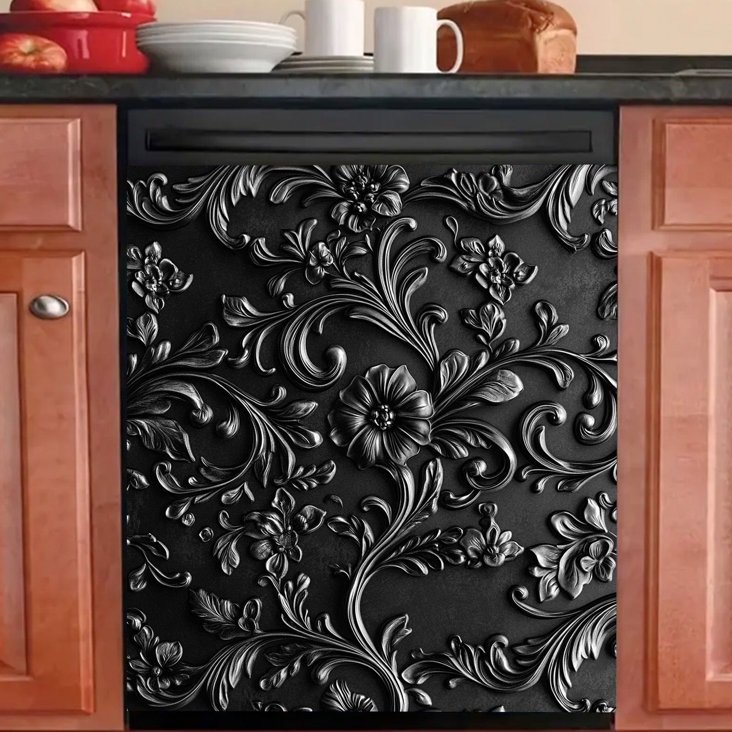 Black Floral Pattern Dishwasher Magnet Cover Waterproof Heat-Resistant PVC Kitchen Decor