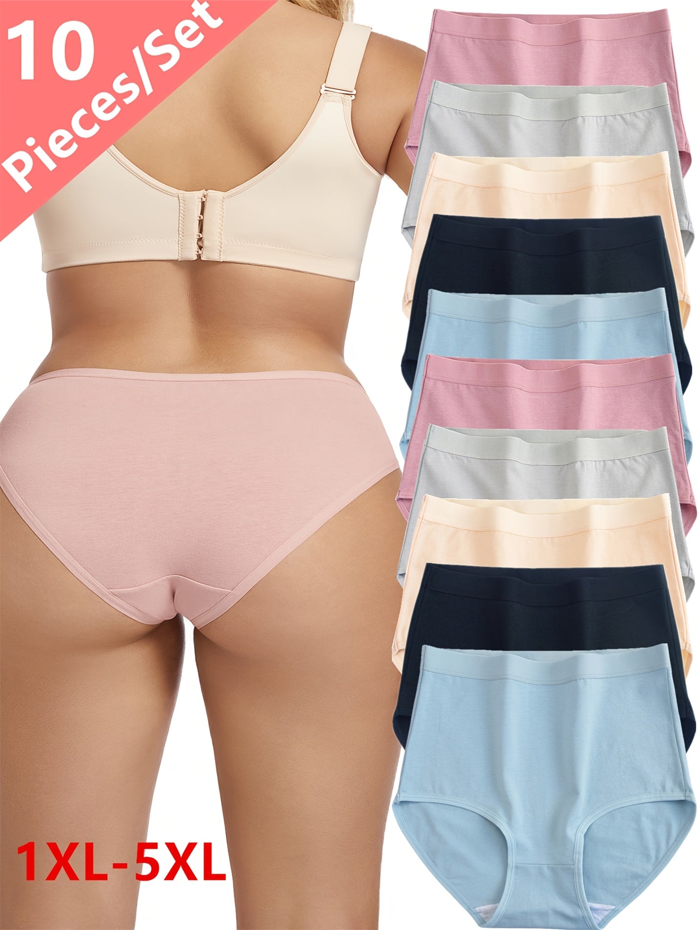 Women’s Plus Size High-Waisted Tummy Control Panties Pack of 10 Breathable Cotton Solid