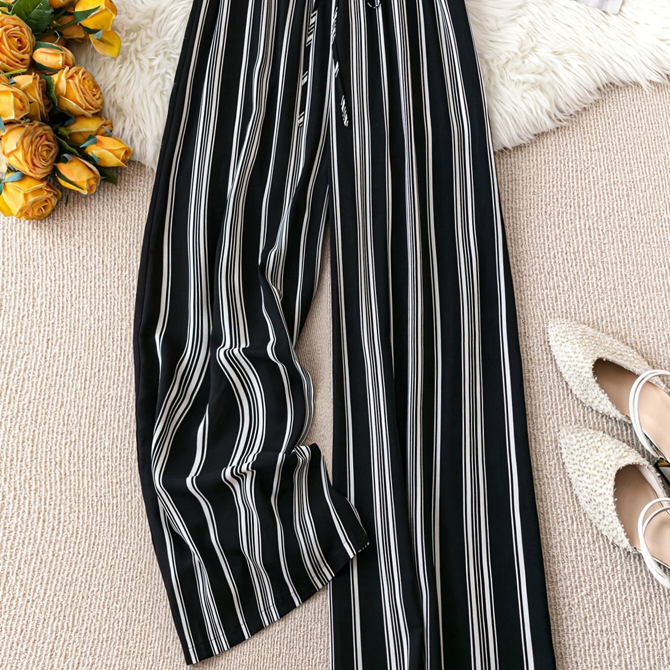 Plus Size Women's Wide Leg Lounge Pants Black White Striped Non-Stretch Adjustable Waist