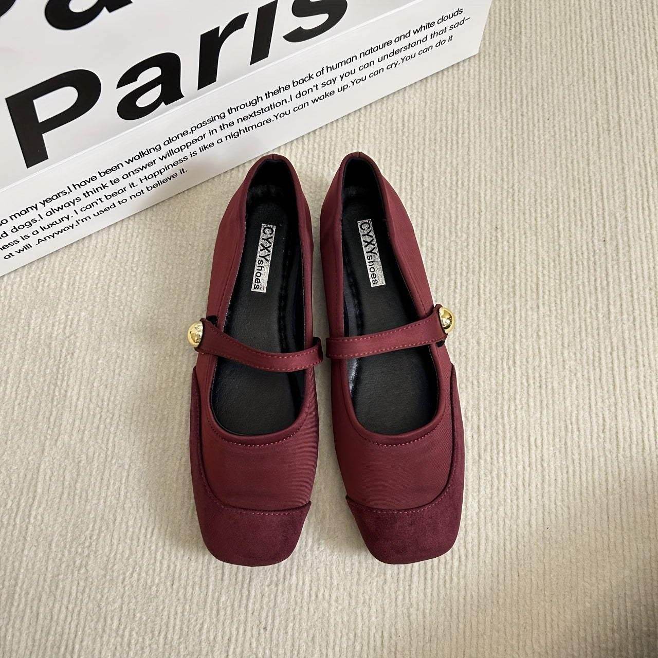 Ayollar uchun tekis poyabzal kvadrat barmoqli, bilak bog‘lamli, engil, qulay