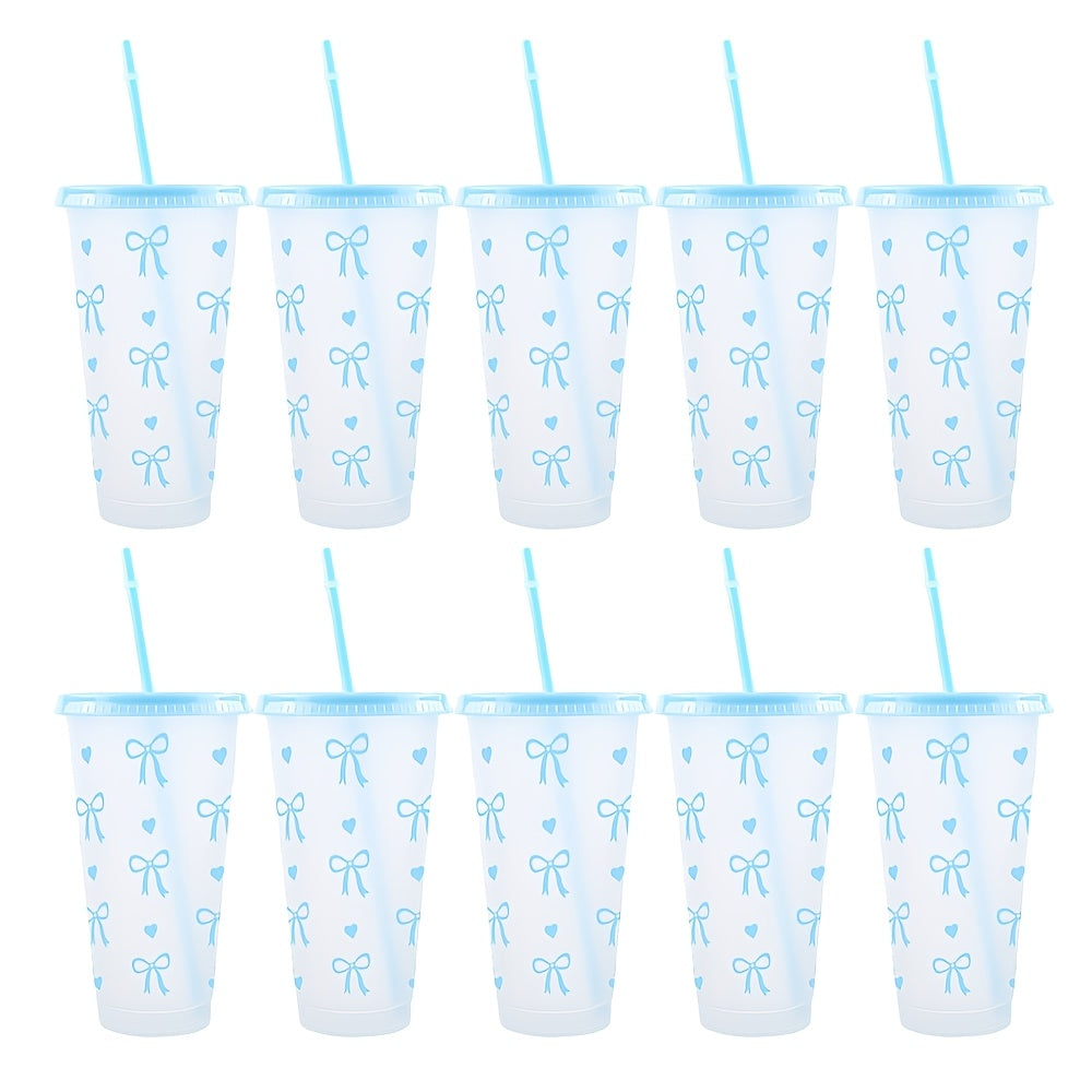 Reusable Plastic Water Cups with Lids and Straws Heart and Bow Print Leak-Proof and Reusable
