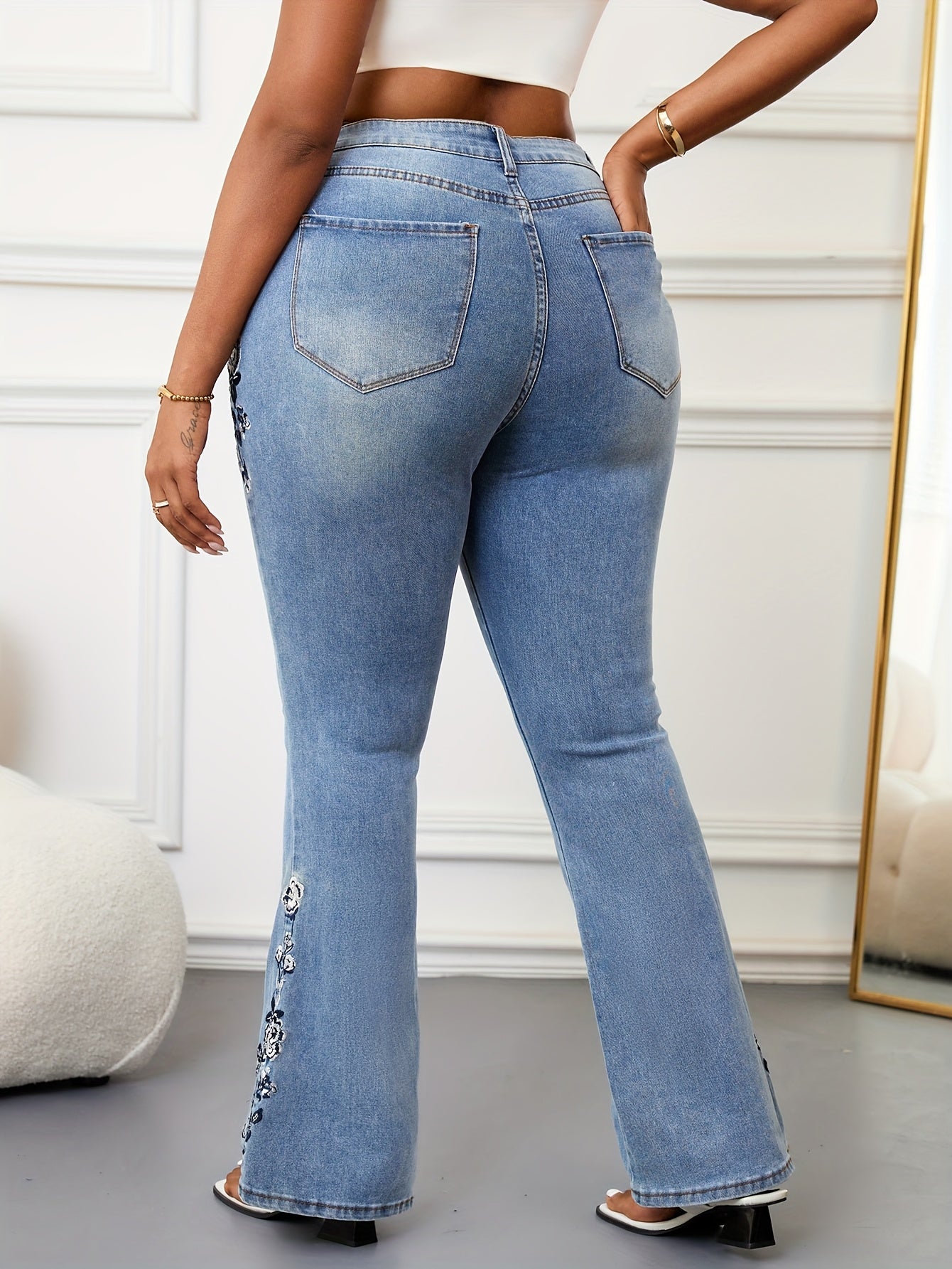 Plus Size Women's Casual Denim Jeans High Rise Floral Embroidery Bootcut