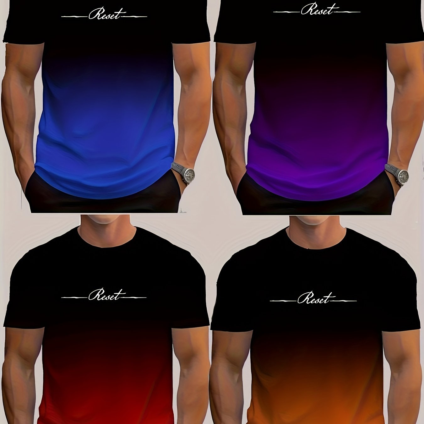 Erkaklar uchun gradient rangli harf bosma futbolkalar, tasodifiy sport uslubida, qisqa yenglar va dumaloq bo'yin bilan. Yozgi dam olish kiyimlari uchun ideal, mashinada yuvilishi mumkin va polyester va spandeksdan tayyorlangan.