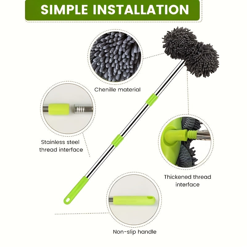 Dual Disk Car Wash Mop with Soft Brushes Stainless Steel Handle for Dusting and Detailing