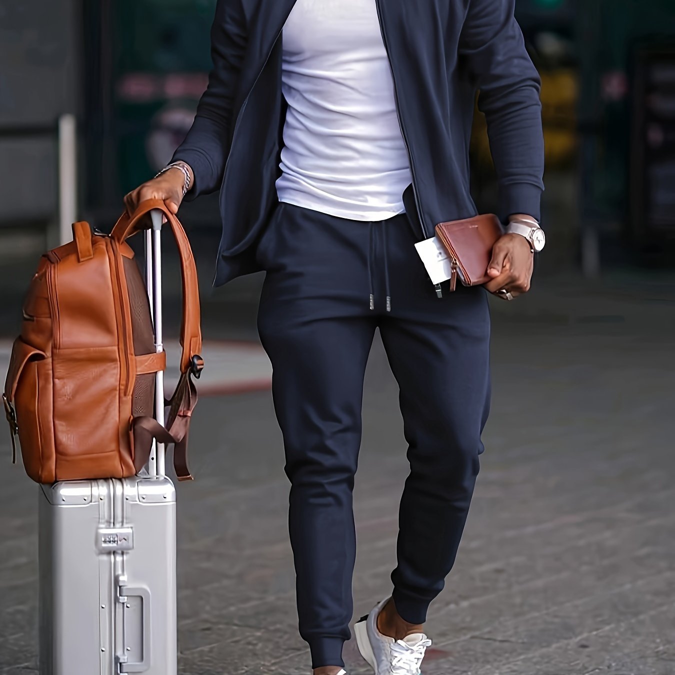 Men's Spring and Autumn Casual Sports Suit with Sweatpants Polyester Solid Color Regular Fit