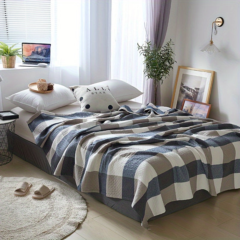 Edredón de algodón ligero con cuadros en gris y blanco para dormitorios de estilo granja moderna y bohemia