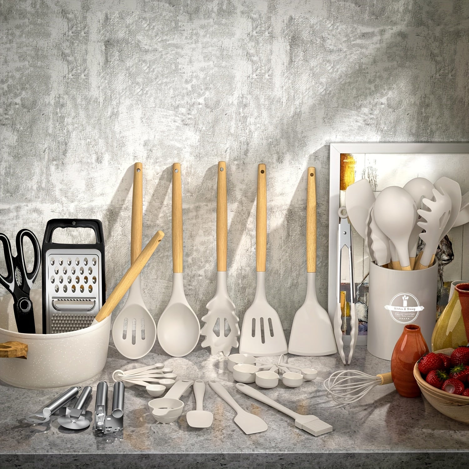 44-Piece Wooden Handle Silicone Non-Stick Cookware Set with Spatula Spoon Grater Bottle Opener