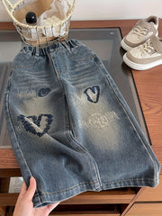Kids Denim Jeans Wide Leg Cotton Polyester Heart Embroidery Casual All-Season
