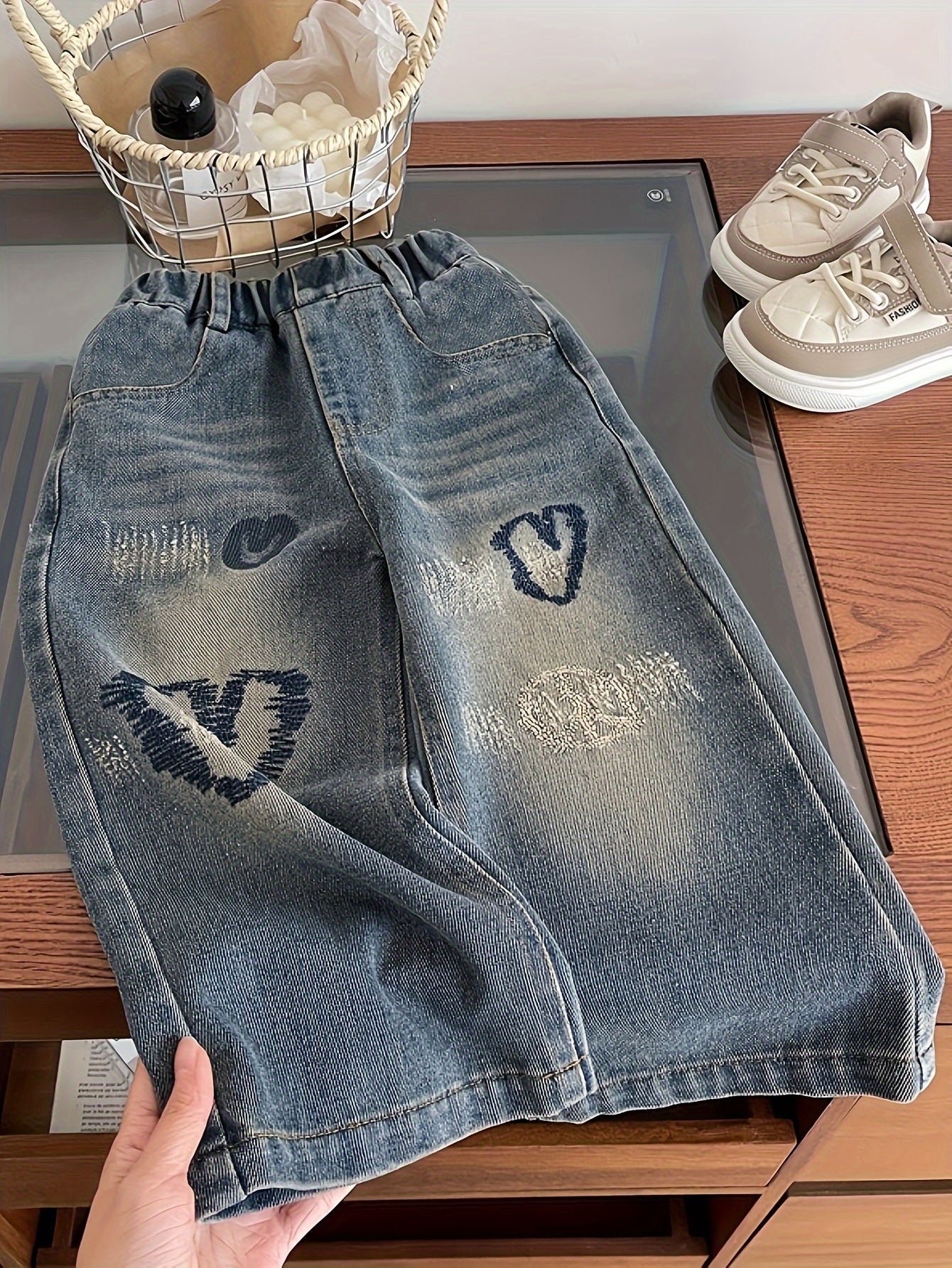 Kids Denim Jeans Wide Leg Cotton Polyester Heart Embroidery Casual All-Season