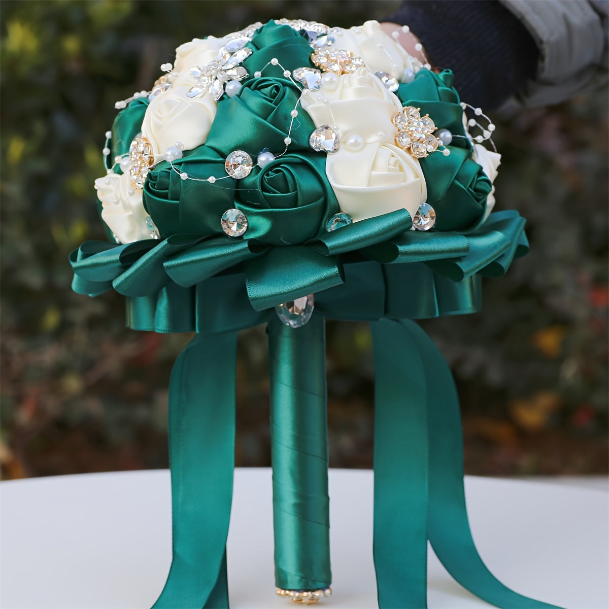 Handmade Wedding Bouquet Satin Flowers Rhinestones Faux Pearls for Bride Bridesmaids