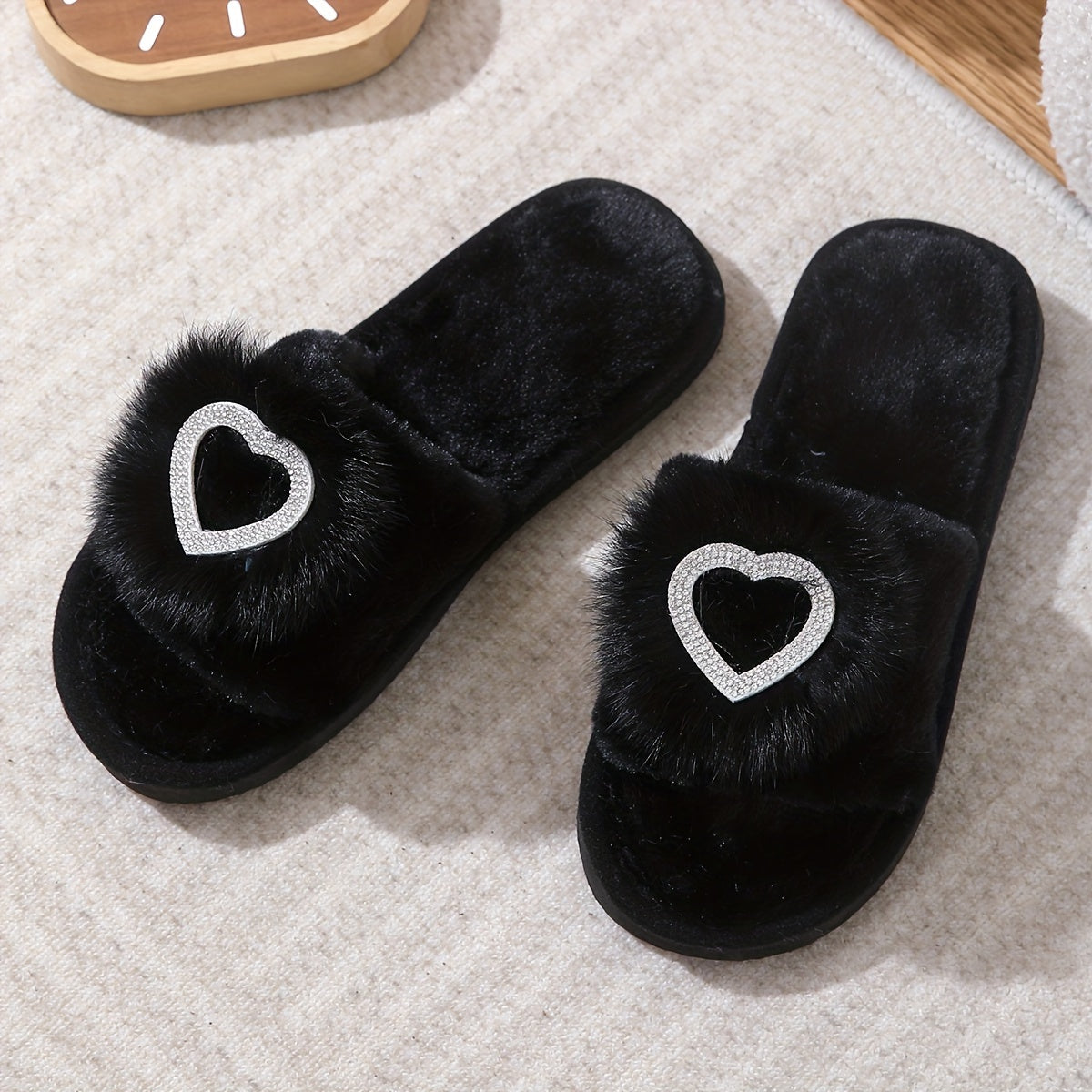 Zapatillas de casa con corazón de strass y peluche, suela de EVA antideslizante para invierno y otoño