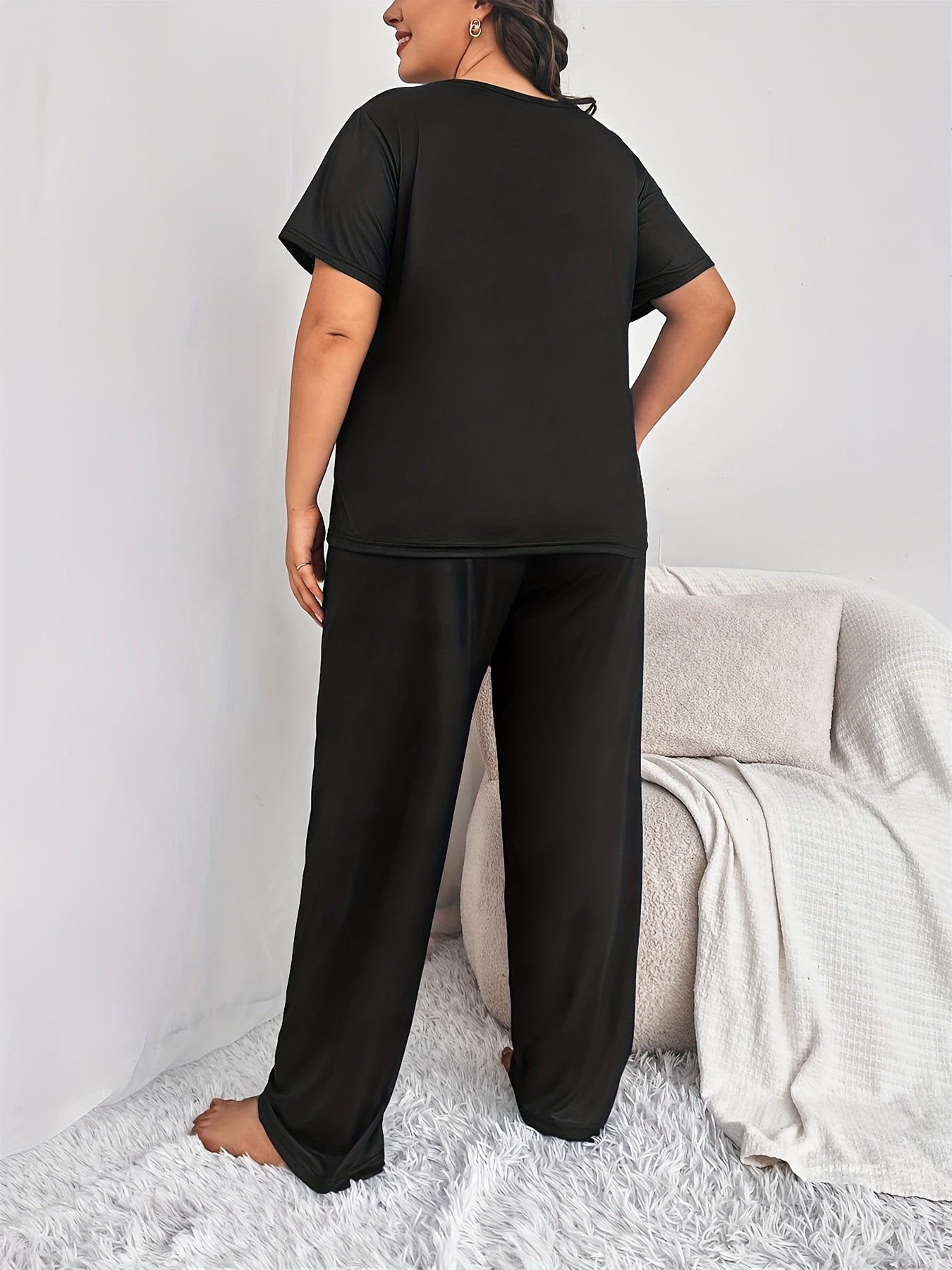 Women Plus Size Pajama Set Cotton Short Sleeve T-Shirt and Pants Home Wear