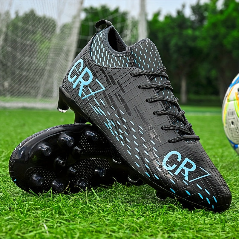 Black Breathable Football Cleats with Blue Accents Textured PU Upper Lace-Up Outdoor Sports Shoes