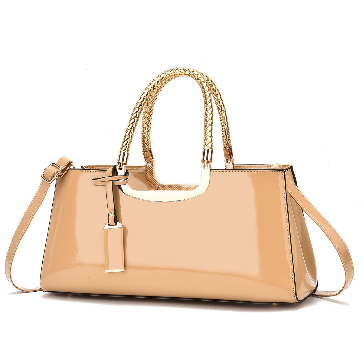 Qora patent charmli kechki sumka, oltin detallari va ajraladigan yelka askisi bilan, rasmiy tadbirlar uchun