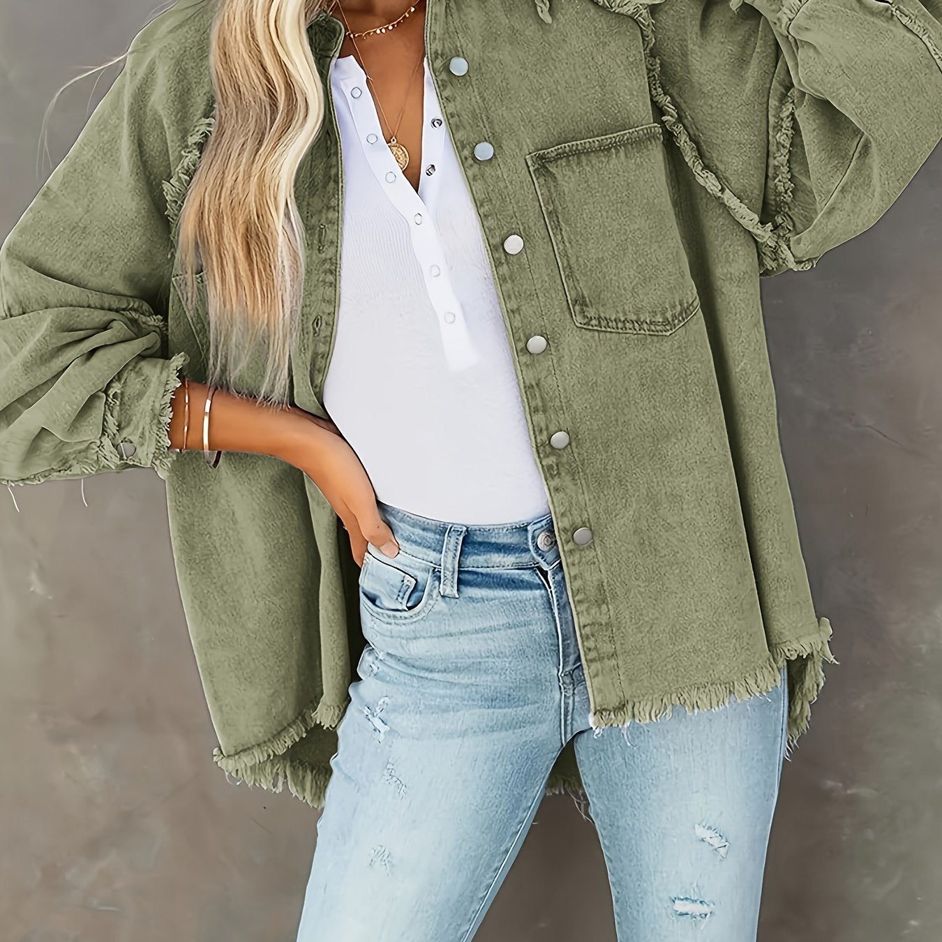 Plus Size Women's Denim Jacket Long Sleeve Button Up Fringe Trim