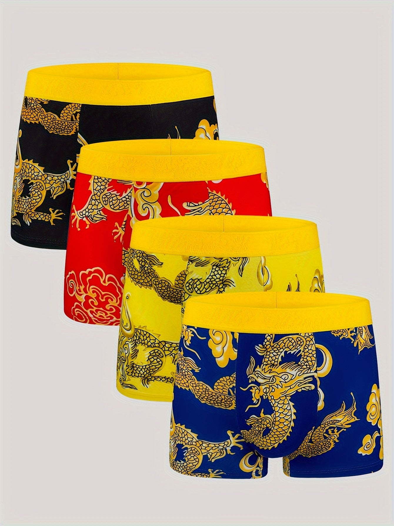 Men's Dragon Print Boxer Briefs 4-Pack Breathable Stretch Knit Fabric