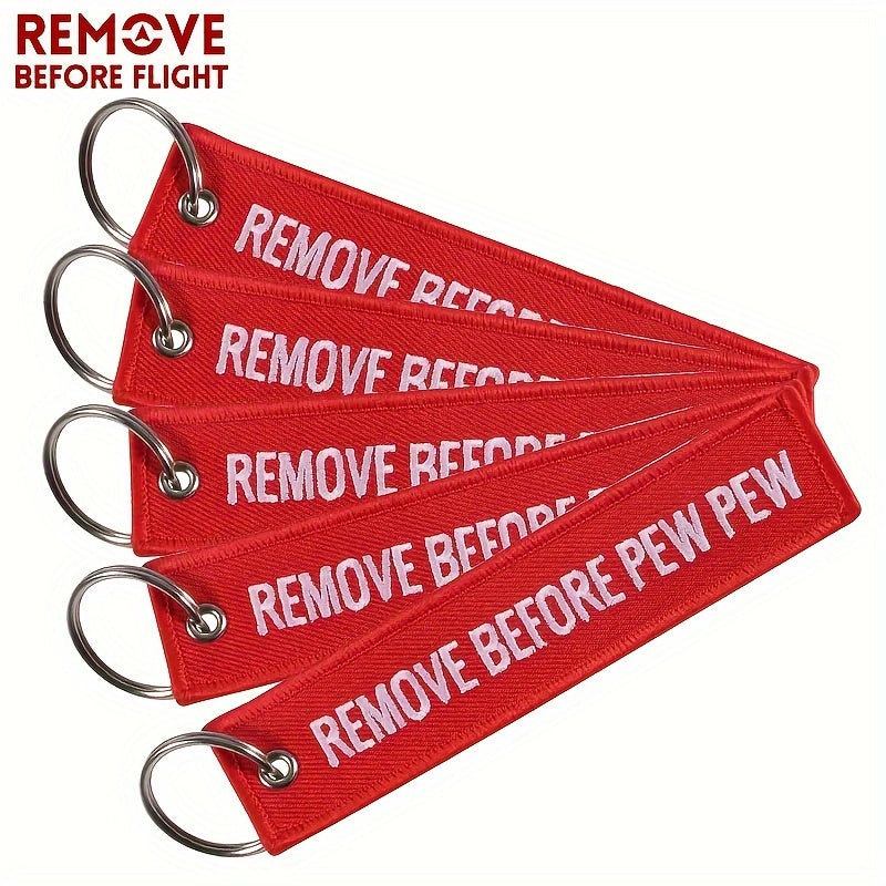 Set of 5 Red Remove Before Flight Embroidered Keychains and Luggage Tags