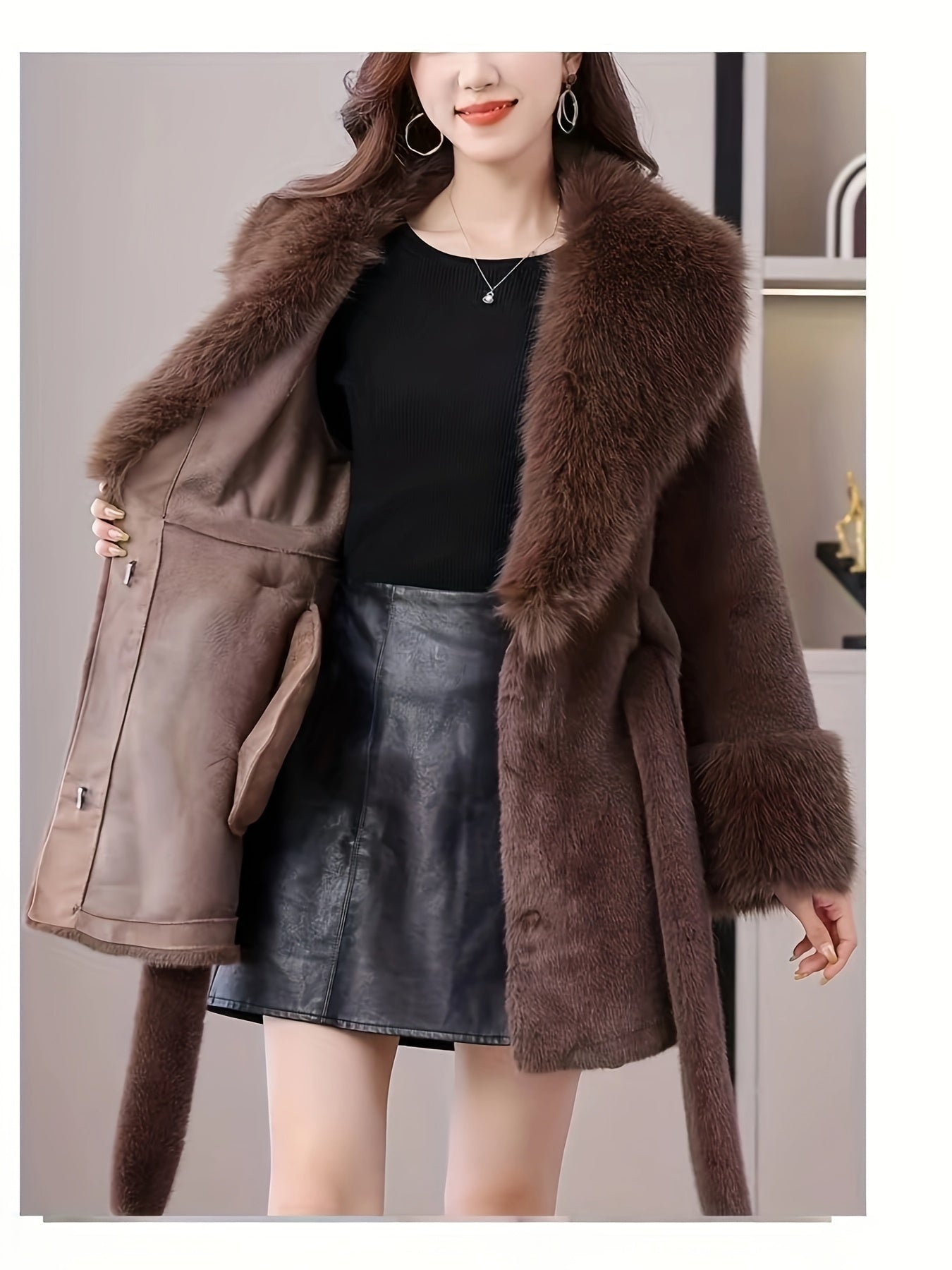 Women's Faux Fur Hooded Coat with Belt Long Sleeve Mid-Length Winter Chic