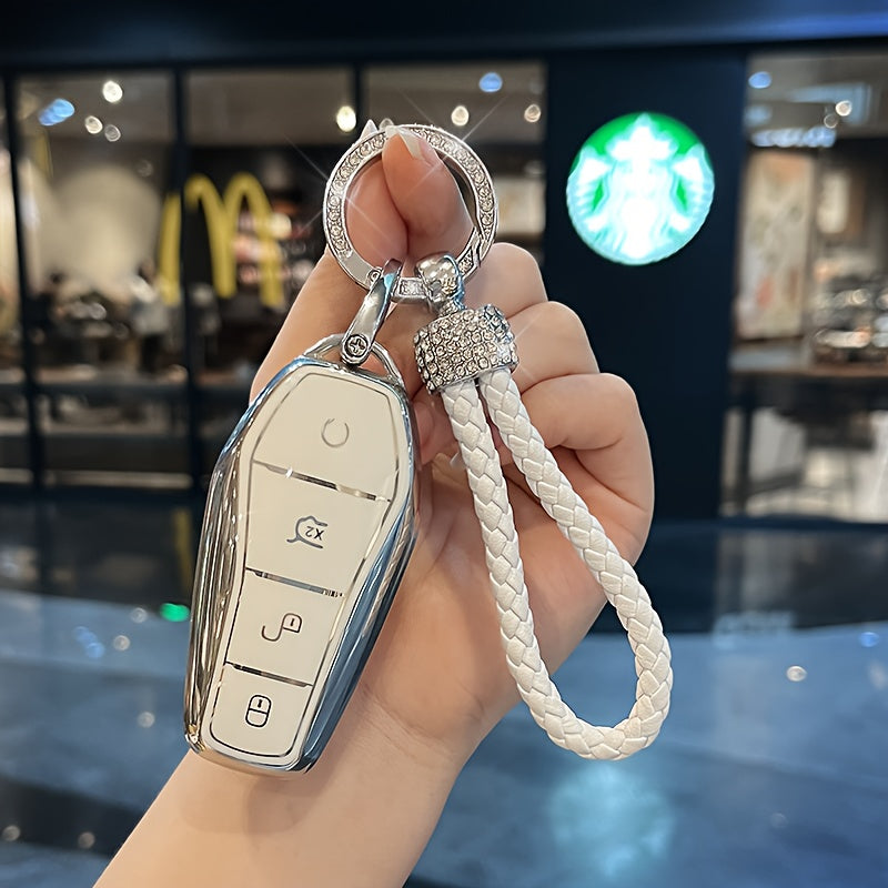 Car Key Cover TPU For EV Remote Control Durable with Woven Keychain Black