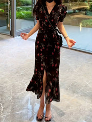Floral V-Neck Midi Dress with Tie Waist Short Sleeves Mermaid Hem for Summer