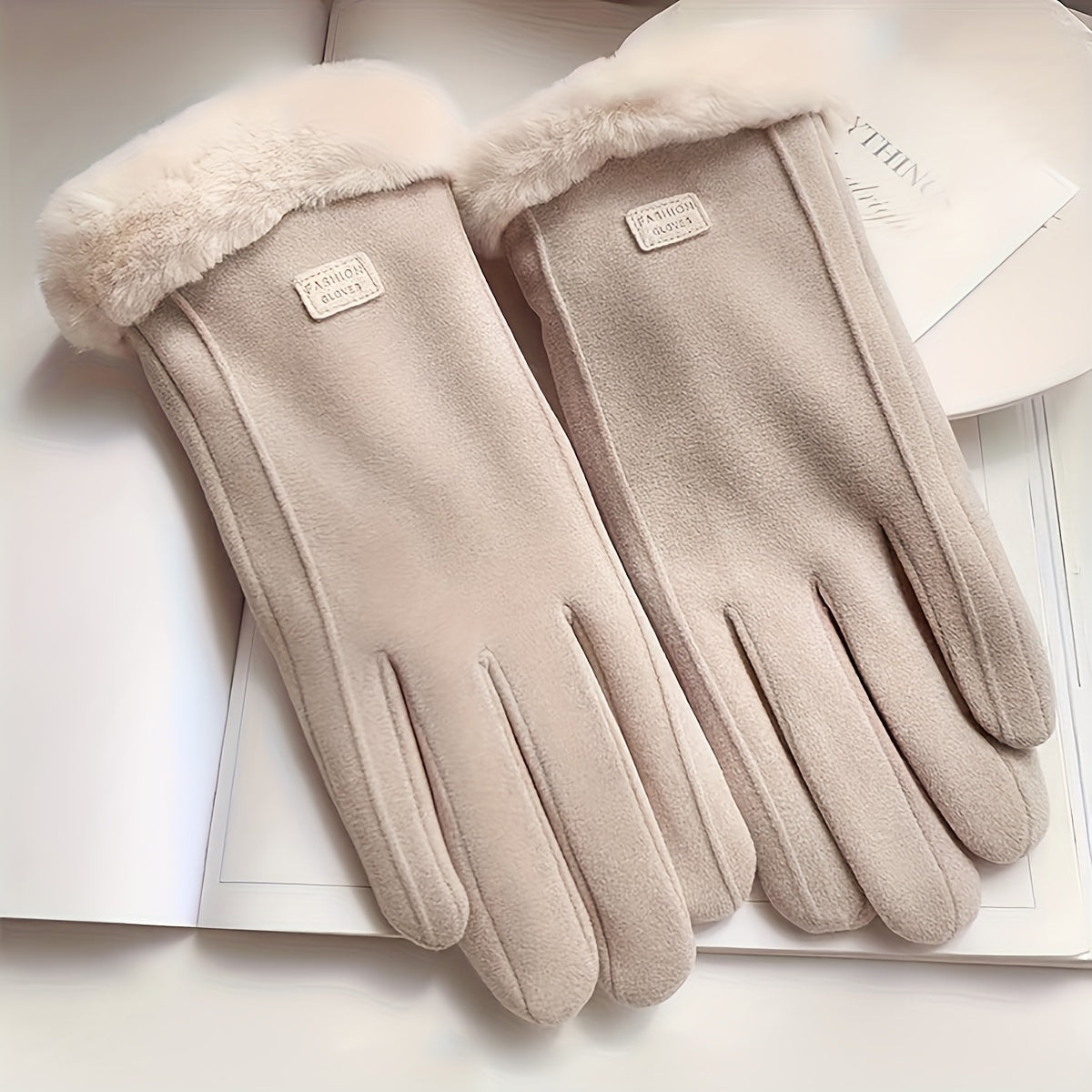 Women's Beige Touchscreen Gloves with Plush Lining Full Finger Winter Warmth