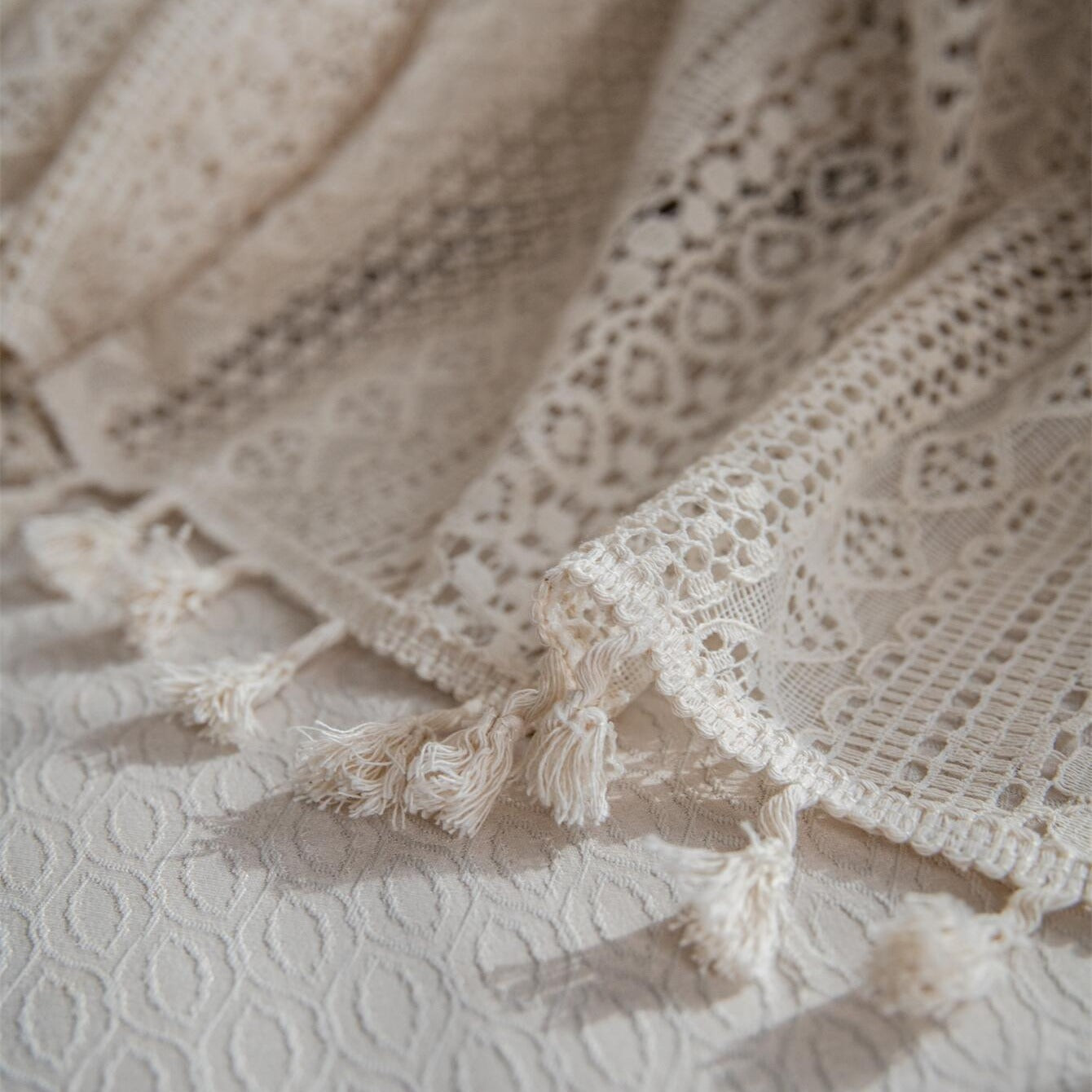 Beige Boho Curtains with Fringe and Gold Details UV Protection Rod Pocket for Living Room Kitchen