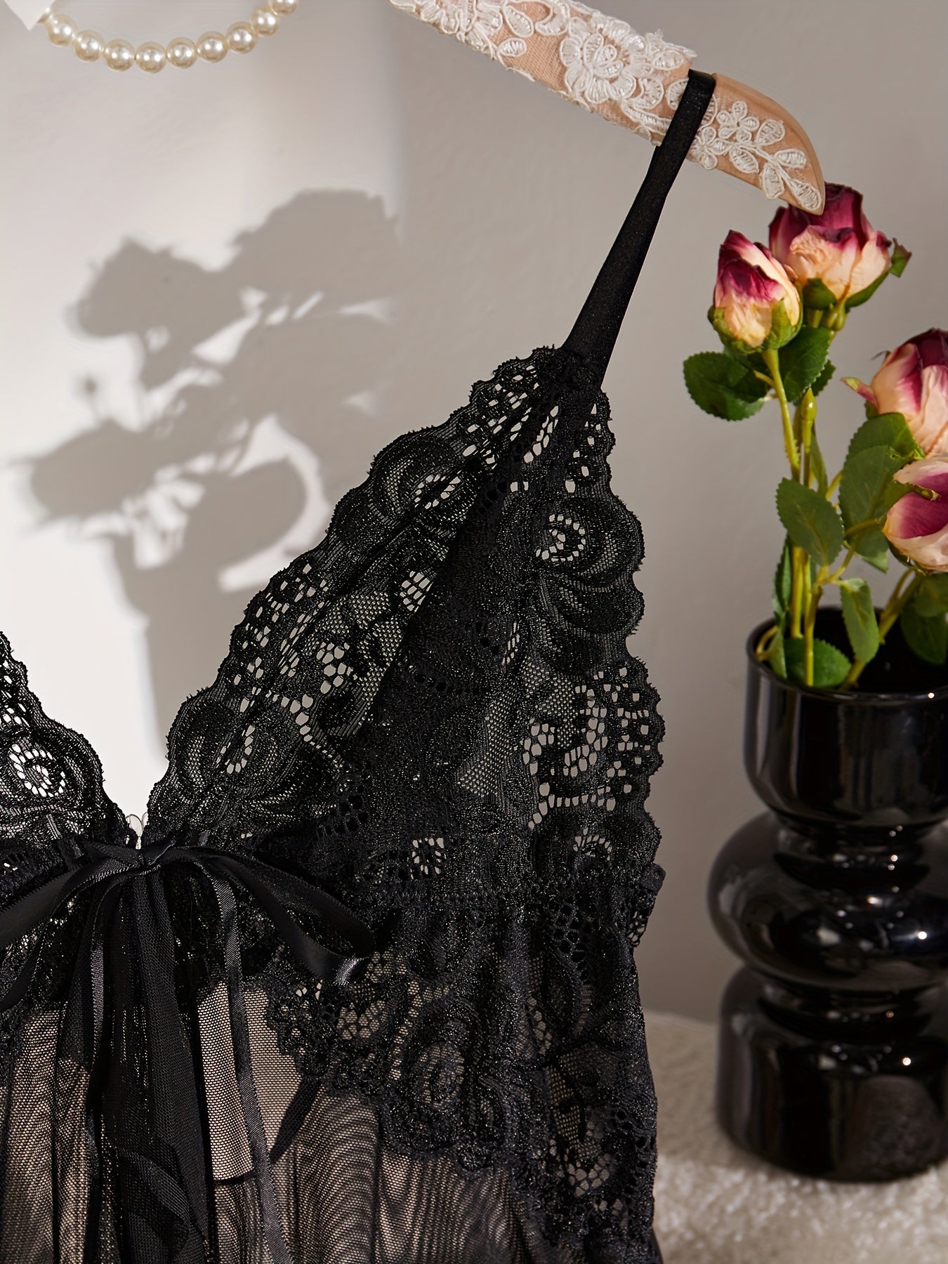 Women's Floral Lace Lingerie Set with Split Cami Slip Dress and Lace Brief