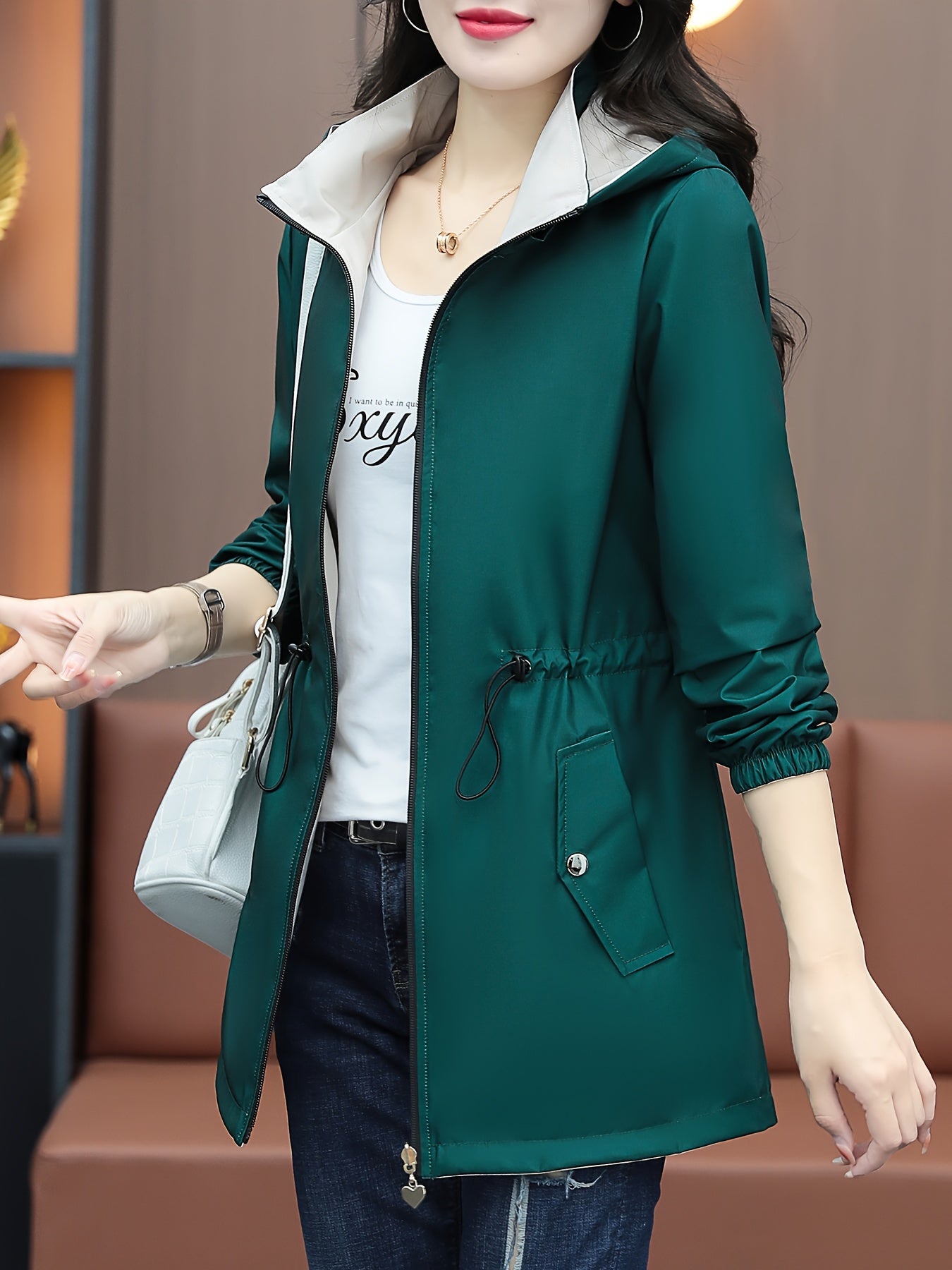 Women's Casual Polyester Zip-up Hoodie Windbreaker Jacket with Drawstring Waist for Spring Fall