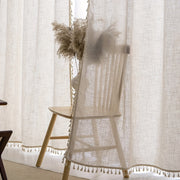 Linen Bohemian Lace Curtain with Rod Design Natural Wood Color Single
