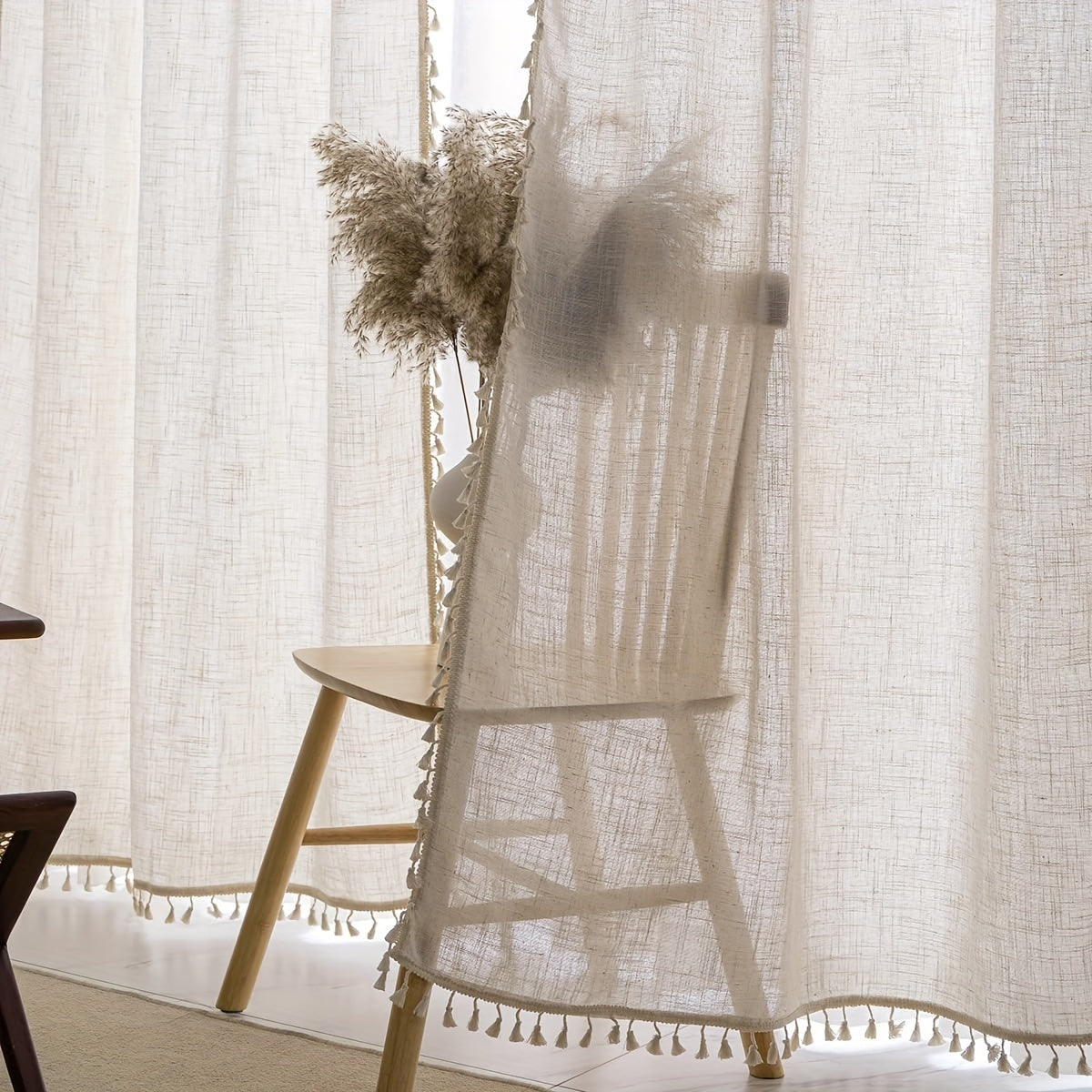 Linen Bohemian Lace Curtain with Rod Design Natural Wood Color Single