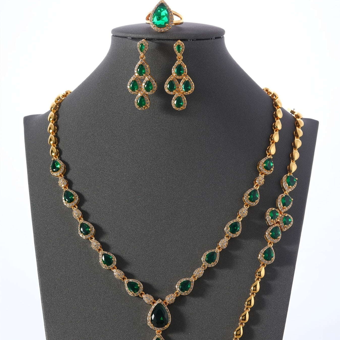 Women's Middle Eastern Jewelry Set with Green Water Drop Cubic Zirconia Necklace Bracelet Ring Earrings