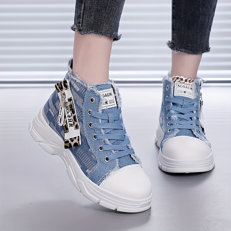 Women's Denim High-Top Sneakers with Zipper, Thick Sole, Comfortable Insole