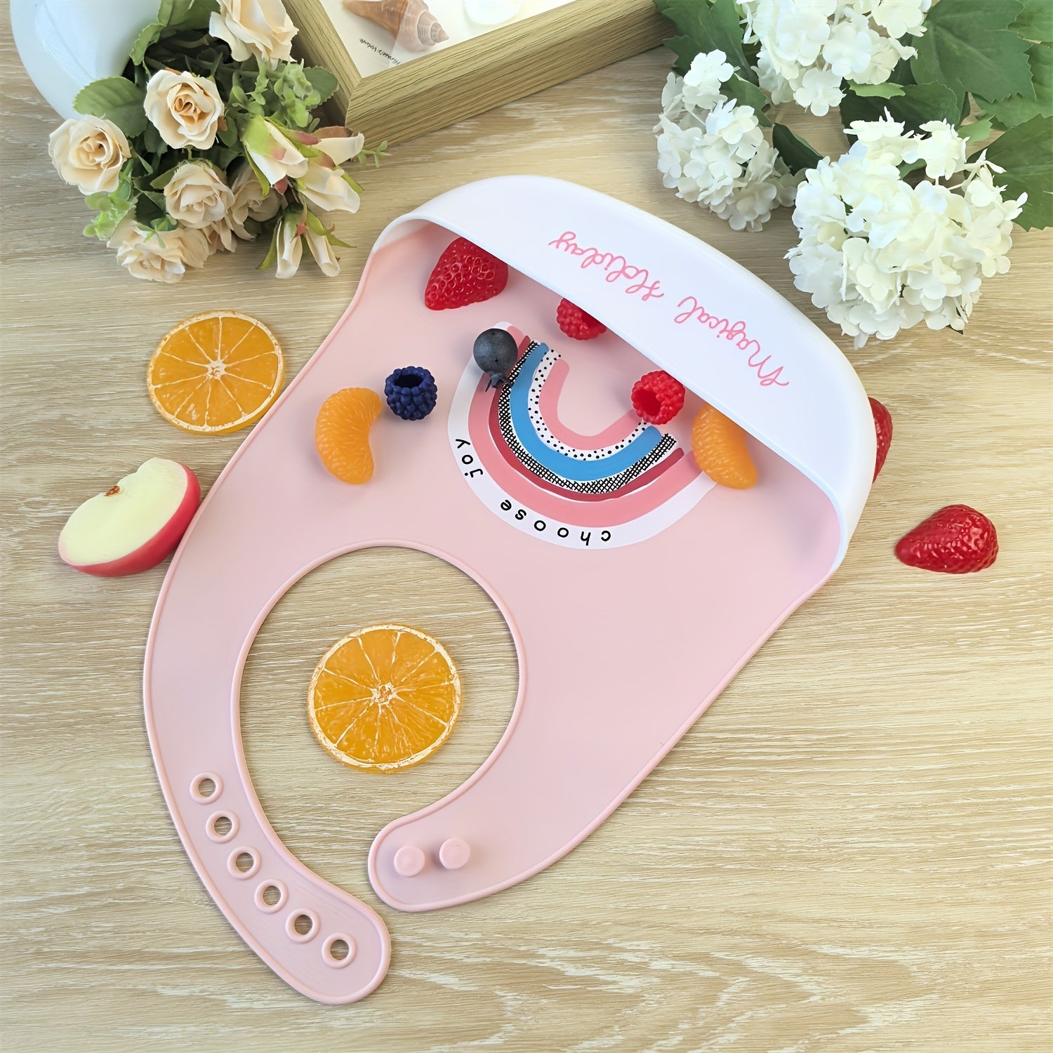 Silicone Kids Bib Pink Waterproof with Rainbow Crown Space Design for Boys Girls