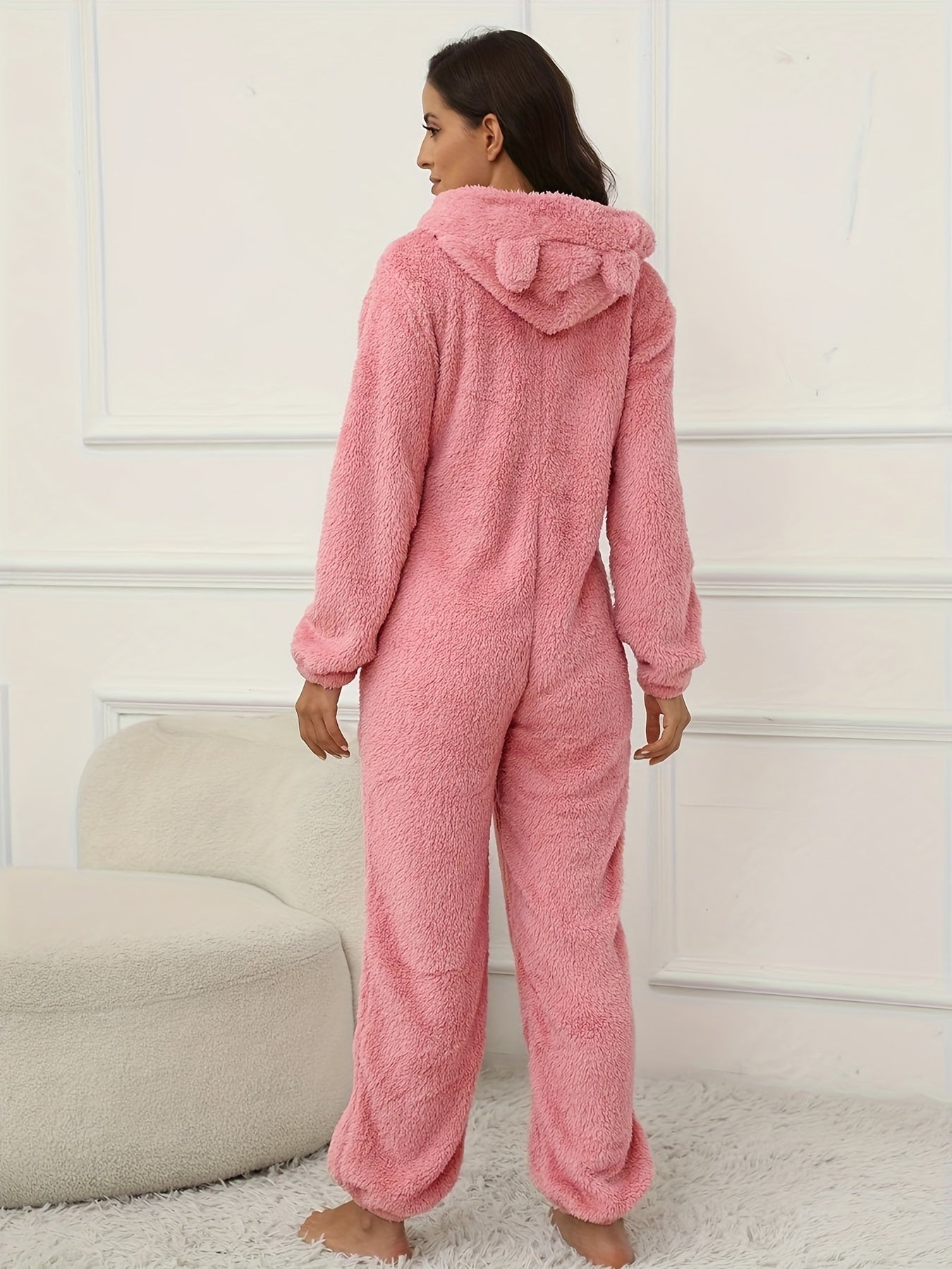 Women's Fuzzy Hooded Lounge Jumpsuit with Zipper Long Sleeve Fall Winter Casual