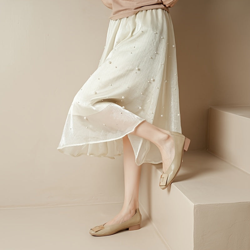 Women's Black Chunky Heel Pumps with Metallic Buckle Square Toe Work Shoes