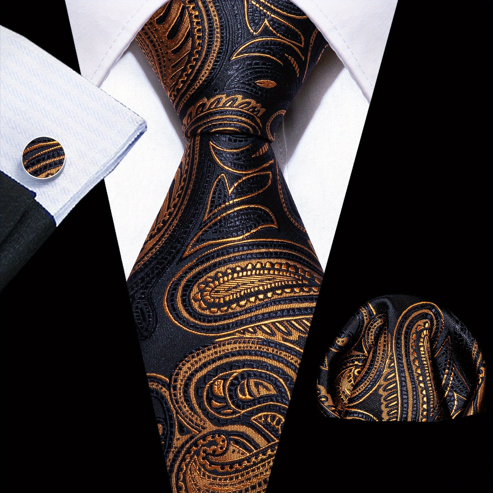 Men's Green Paisley Jacquard Tie Set with Pocket Square and Cufflinks for Weddings and Parties