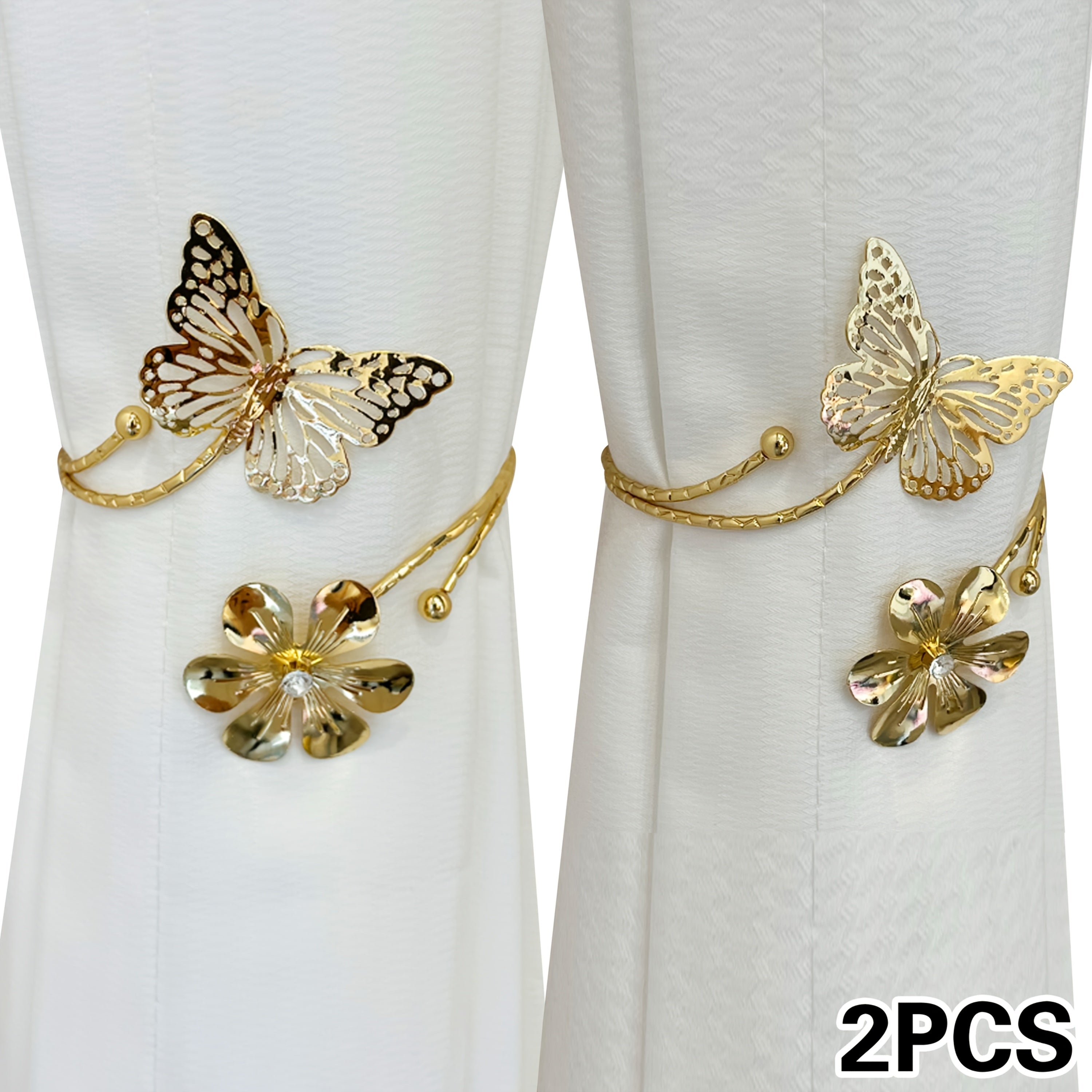 Set of 2 Gold and Silver Flower Butterfly Curtain Tiebacks Hollowed-Out Buckles