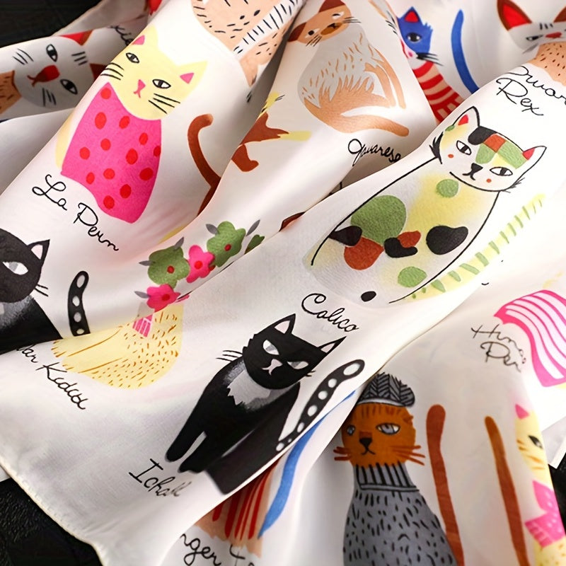 Women’s Polyester Square Scarf with Cartoon Cat Pattern Breathable Windproof Decorative