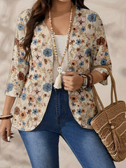 Women's Large Size Elegant Printed Top Polyester Spandex Knit Notched Collar