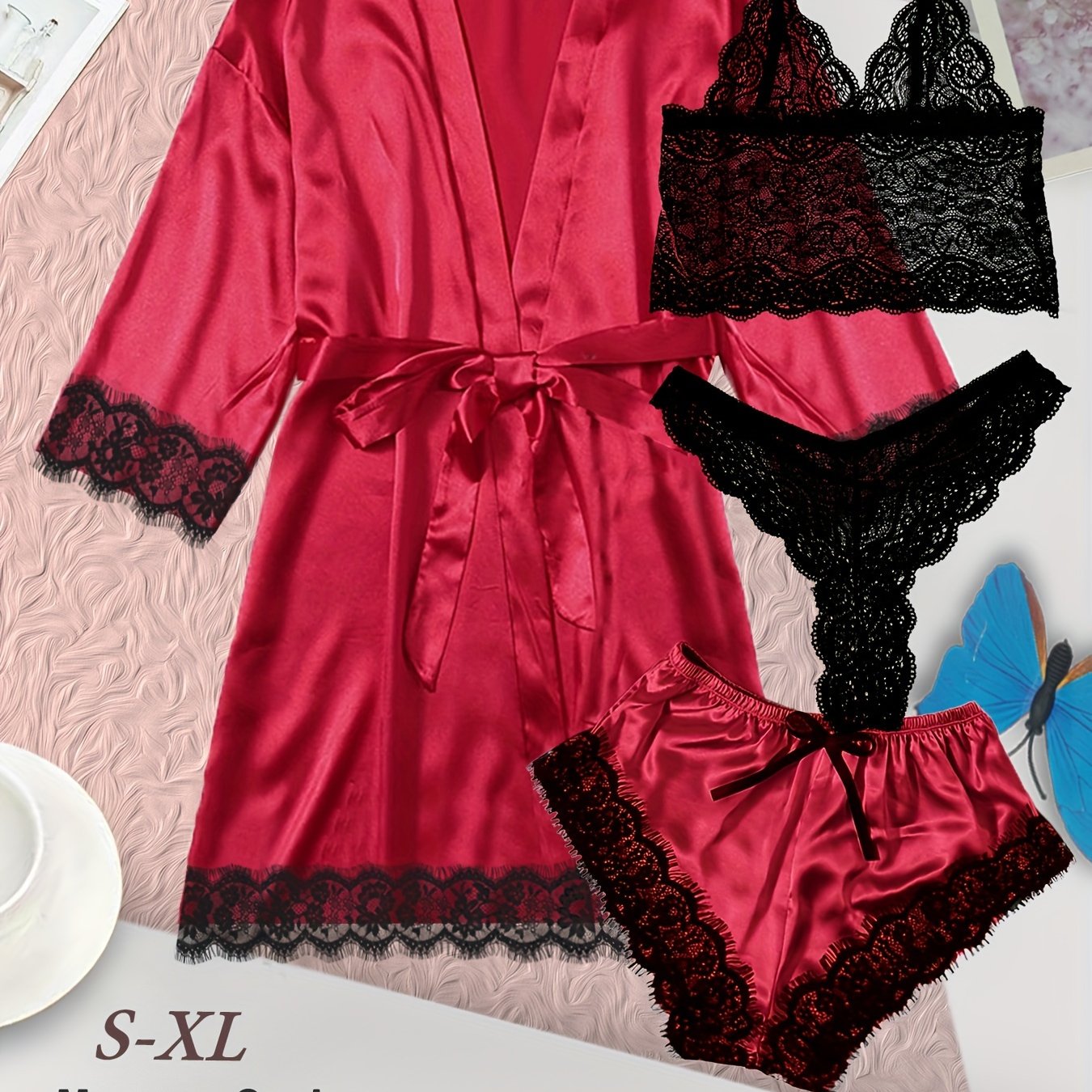 Women's Loungewear Set with Lace Detailing Robe V-Neck Cami Shorts and Panties