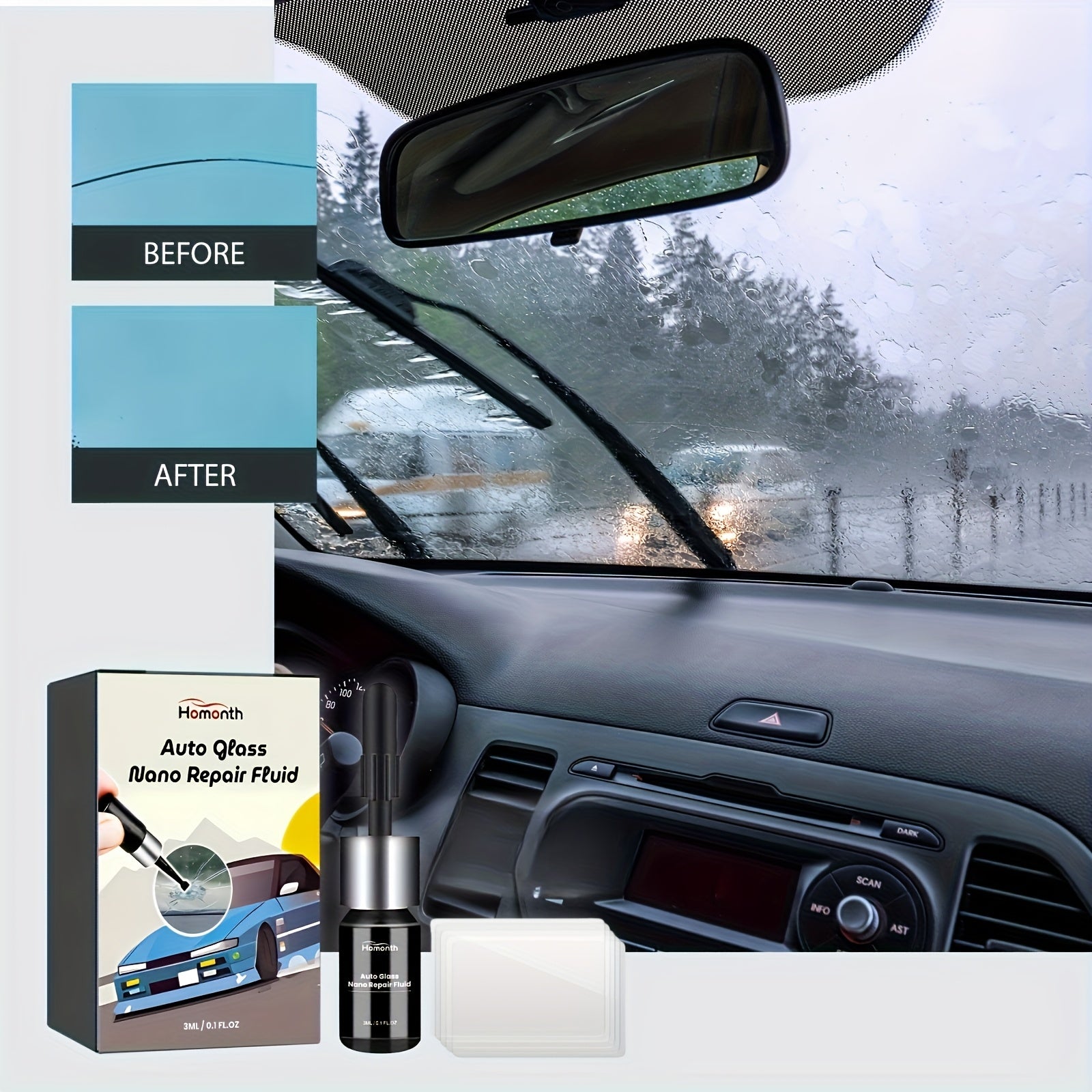Набор для наноремонта автостекла с жидкостью для устранения трещин на лобовом стекле и аппликатором