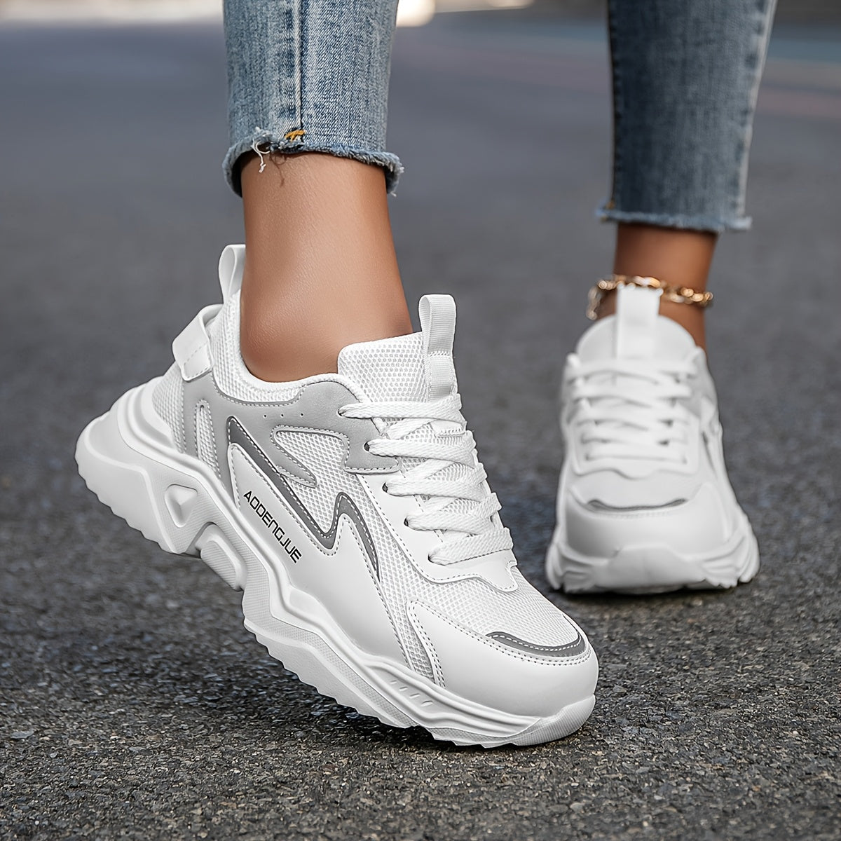 Women's Fashion Sneakers White Gray Patchwork Lace-Up Casual Shoes