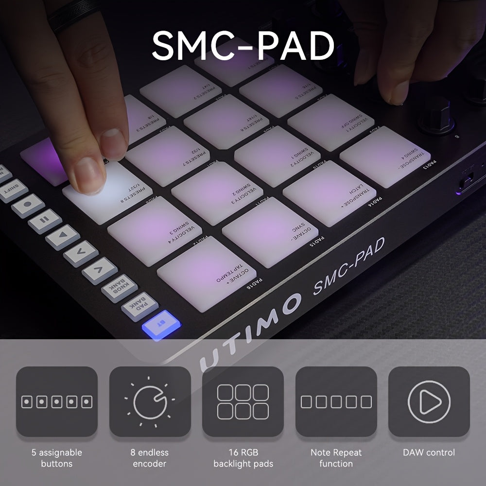 Wireless MIDI Controller with RGB Drum Pads Touch Feedback and Built-in Battery