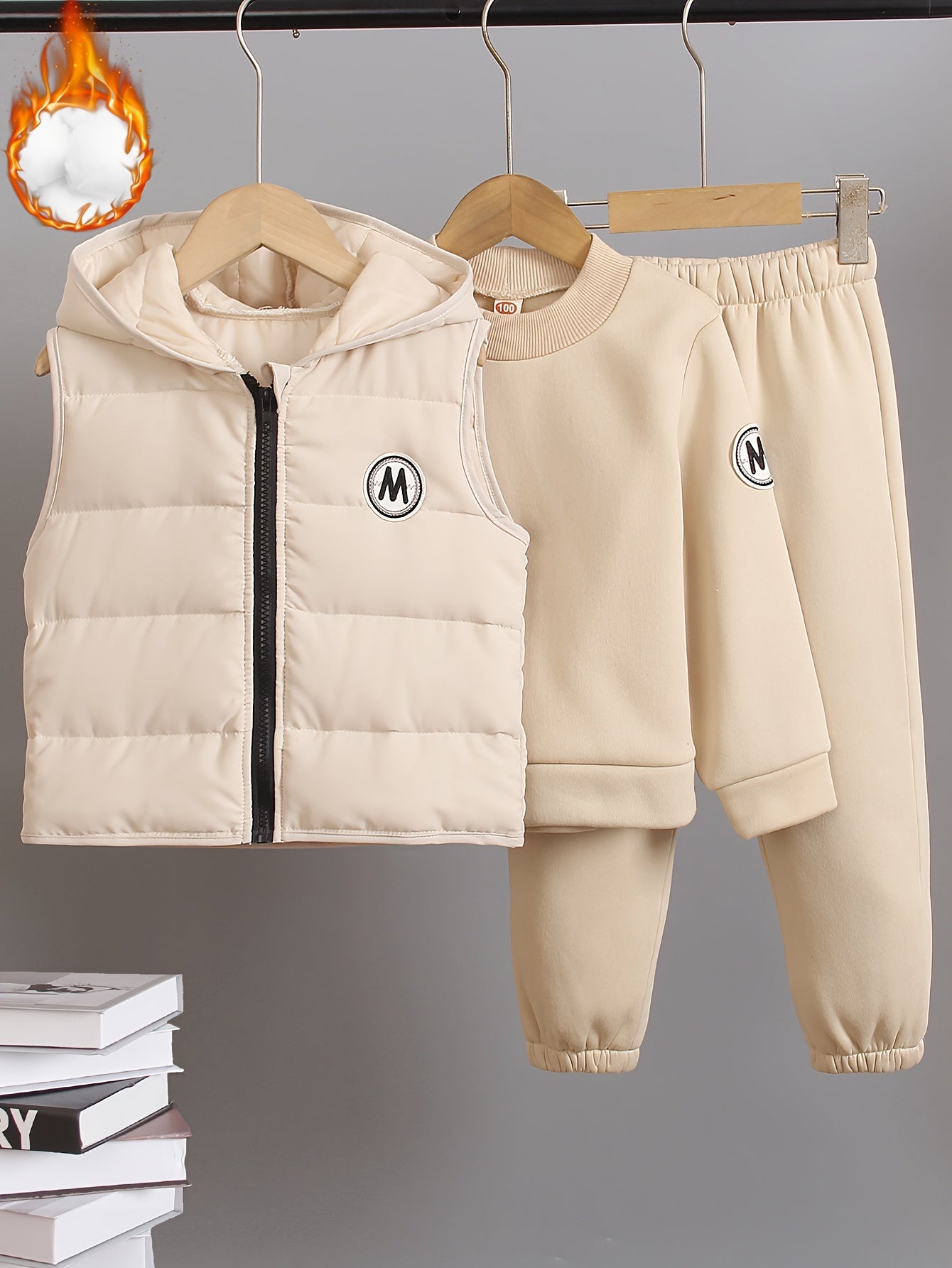 Toddler Autumn Winter Casual Clothing Set Beige Zip-Up Hoodie Vest Long Sleeve Sweatpants