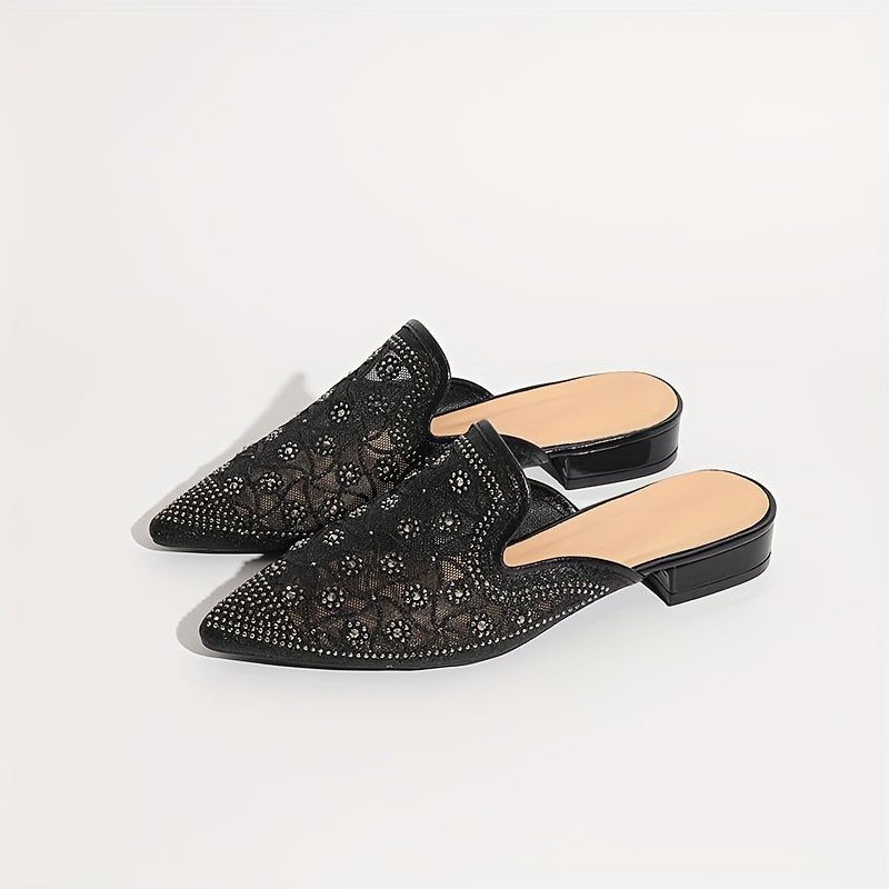 Women's Metallic Rhinestone Pointed Toe Chunky Heel Mules Shoes