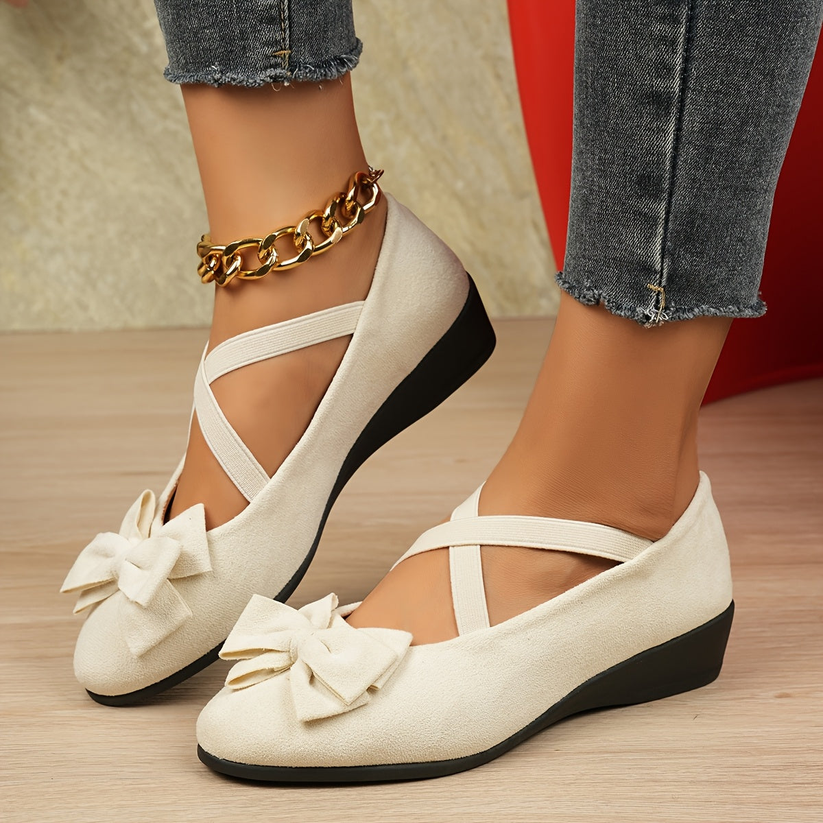 Women's Gray Mary Jane Flats with Bow - Lightweight Slip-On Comfort Shoes