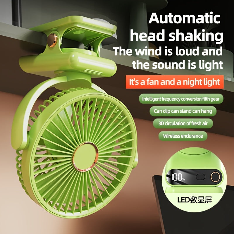 Portable Clip-On Desk Fan with 360° Rotation USB Rechargeable Night Light Oscillating