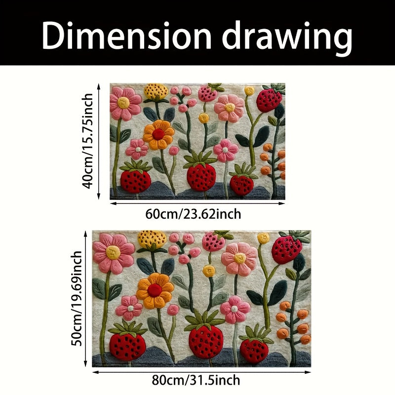 3D Floral Pattern Strawberry Bath Mat Ultra Soft Faux Velvet Absorbent Non-Slip